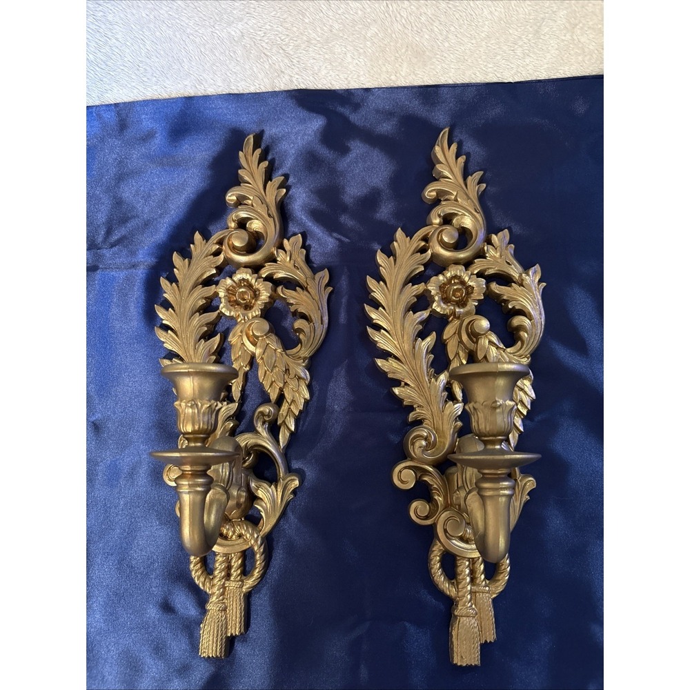 2 Vintage Burwood Ornate Gold Wall Sconce Candleholders 14.25"